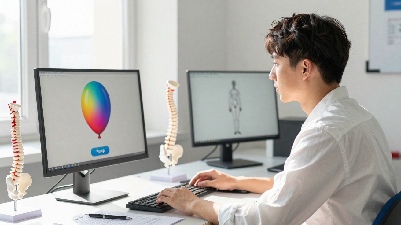 Man in white shirt working on anatomy software with spine models on desk and colourful balloon on screen