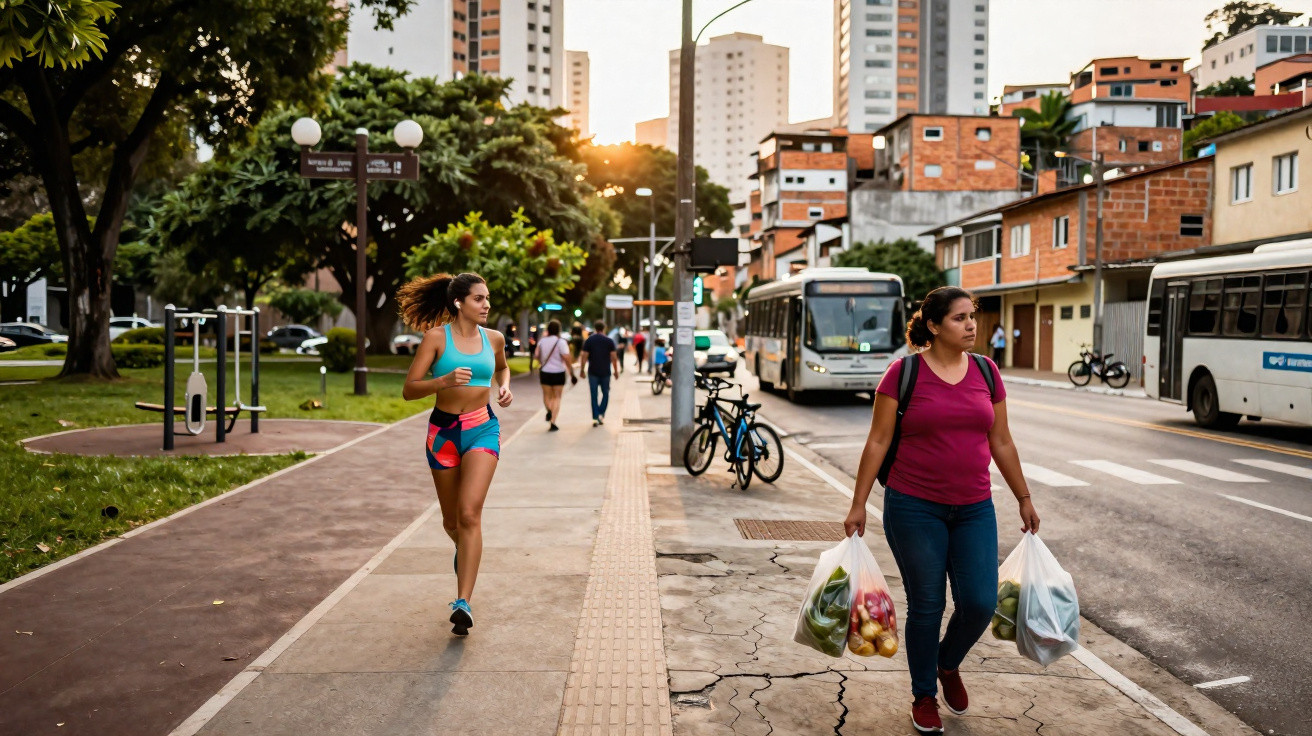Woman jogging on a city sidewalk at sunset as another woman walks carrying grocery bags near buses and tall buildings.