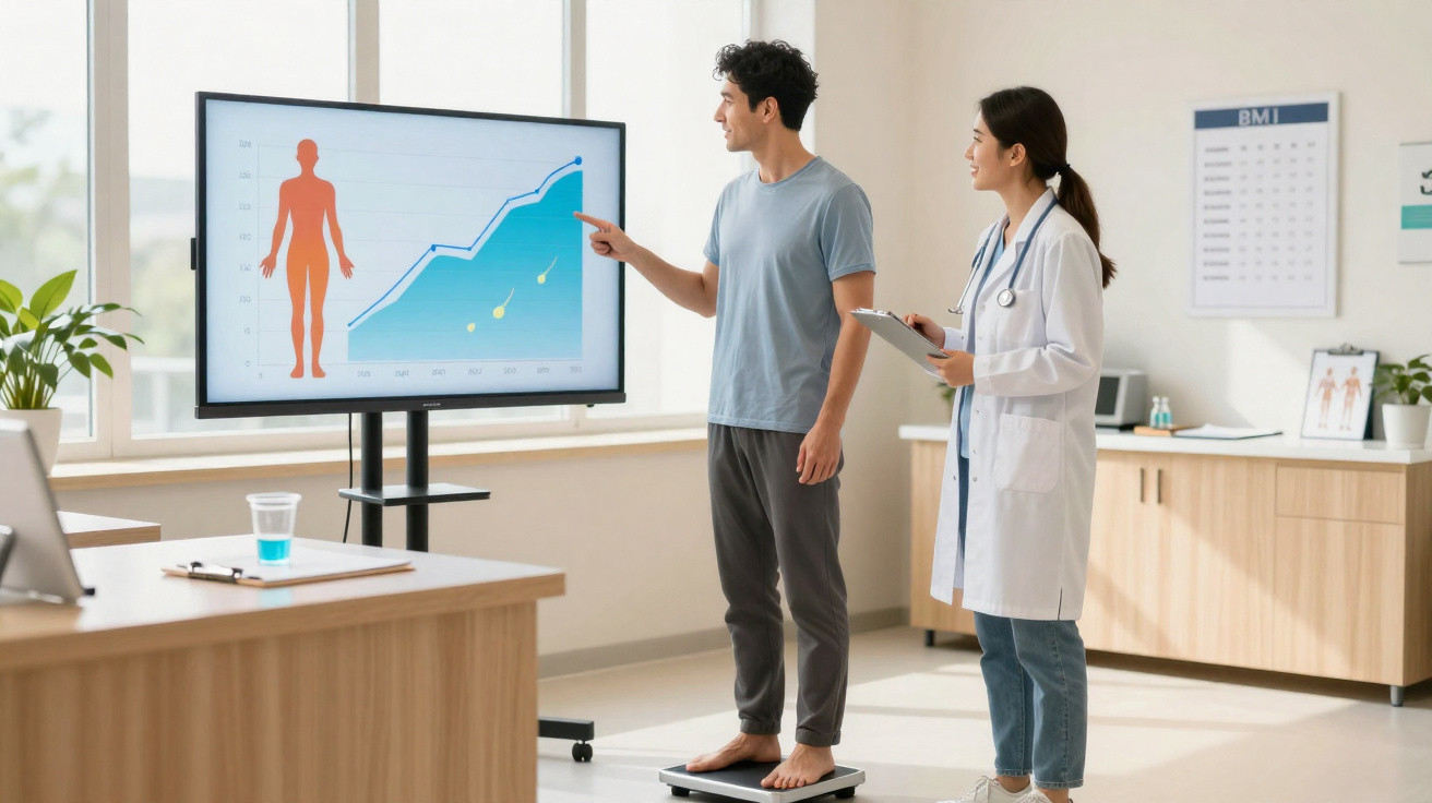 Patient standing on a scale pointing at health graph on screen while doctor in white coat holds clipboard.