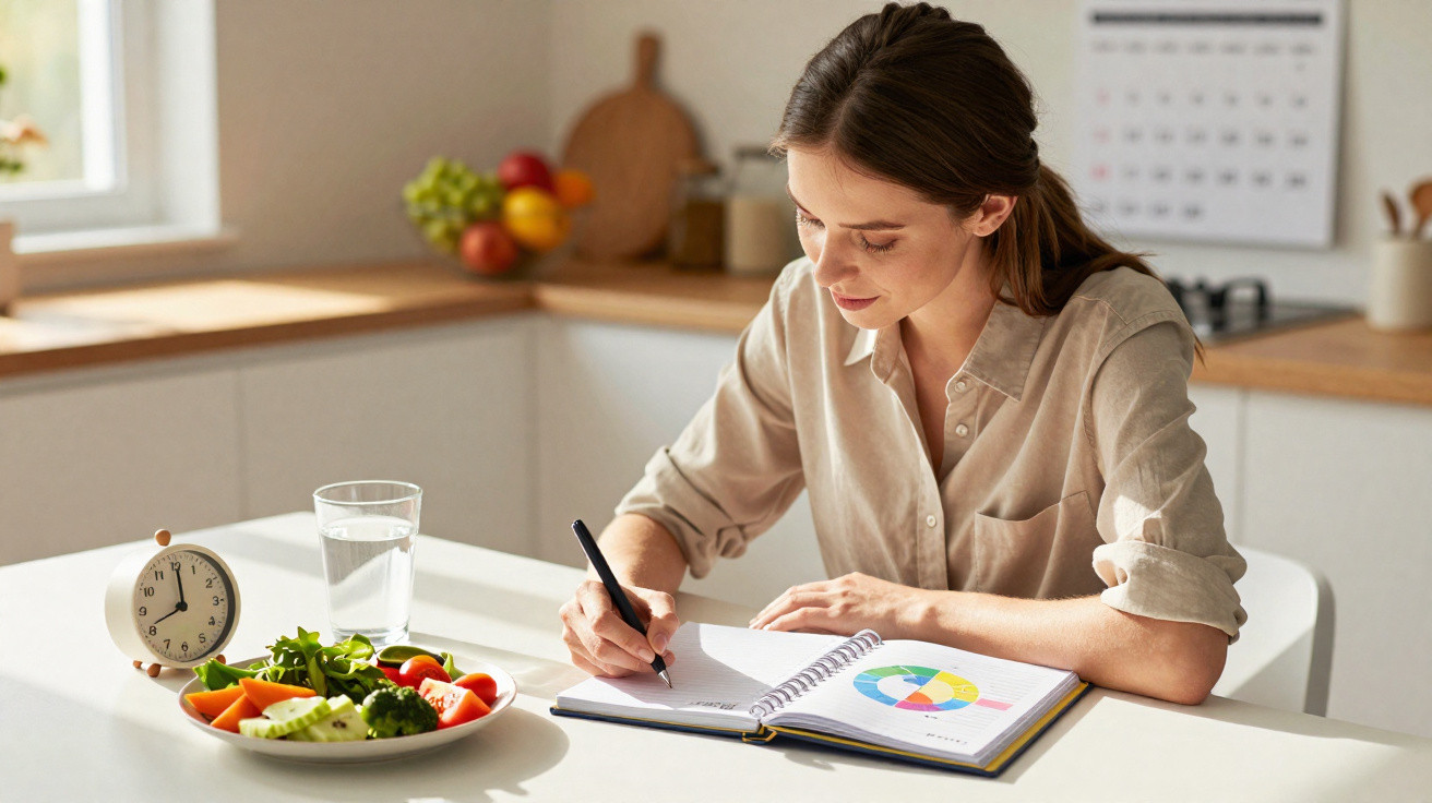 Woman sitting at kitchen table writing in a notebook with a plate of vegetables, glass of water, and clock nearby.