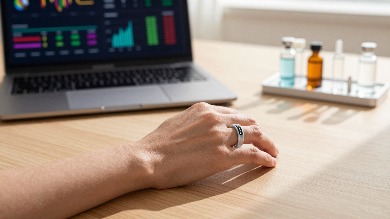 Hand wearing a digital ring on wooden desk with laptop and medical vials in background.