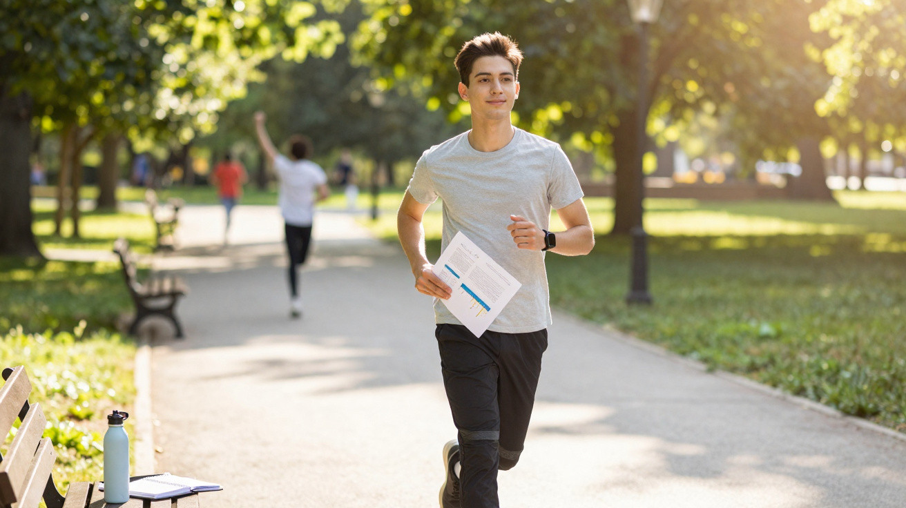 Young man jogging in a park holding a document, with sunlight filtering through trees in the background.