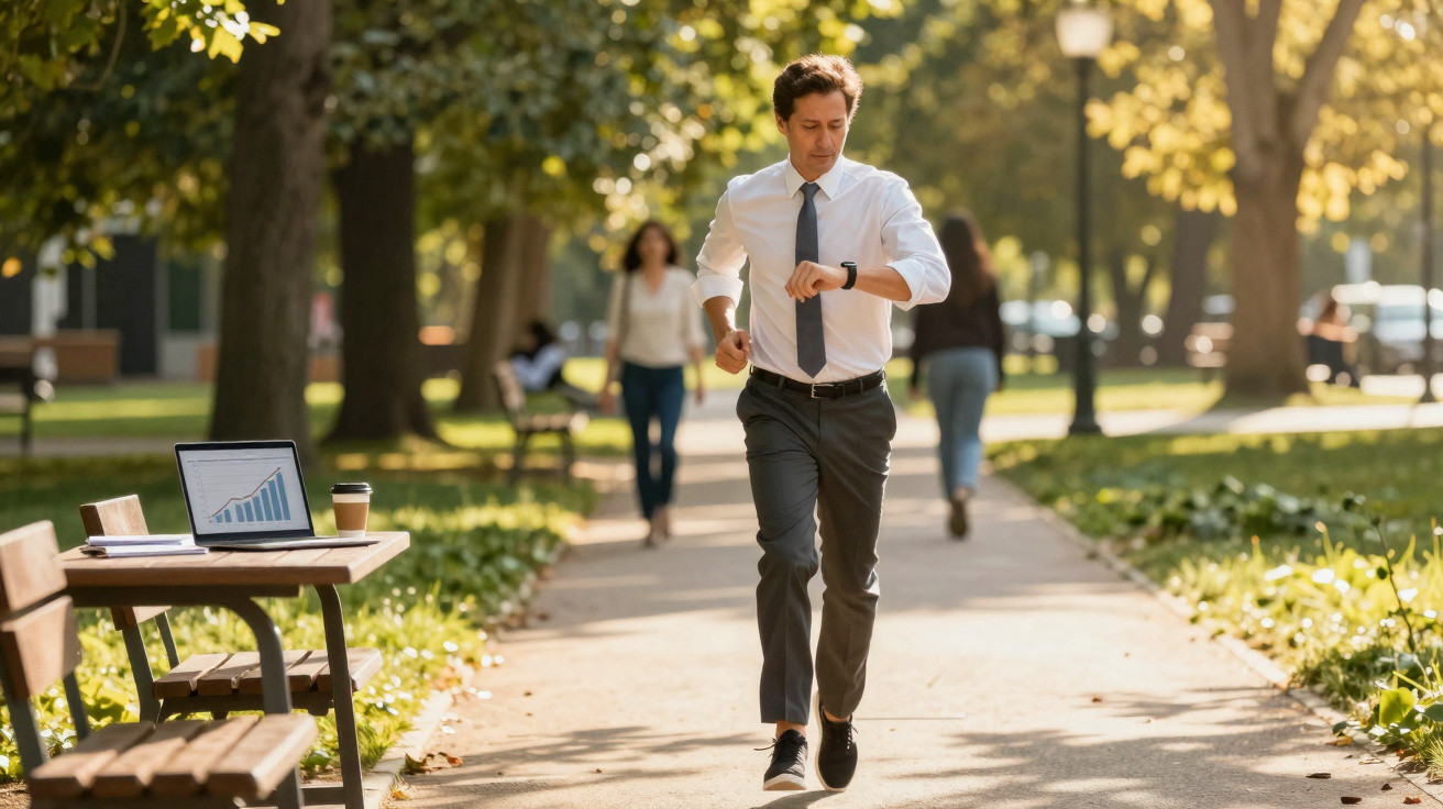 Businessman in shirt and tie running and checking watch in sunny park with laptop and coffee on bench nearby.