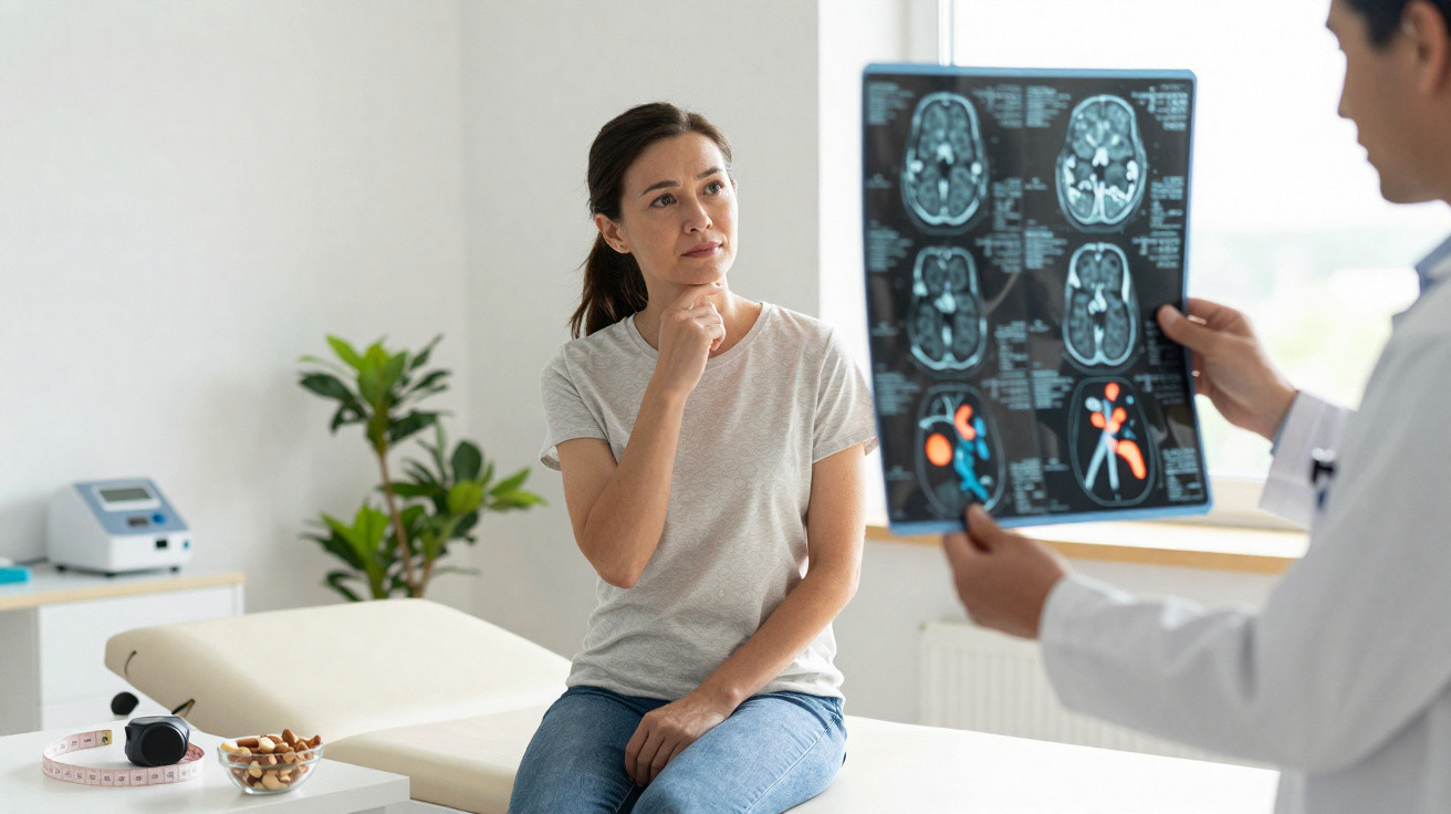Doctor showing brain scan results to a woman patient in a medical consultation room.