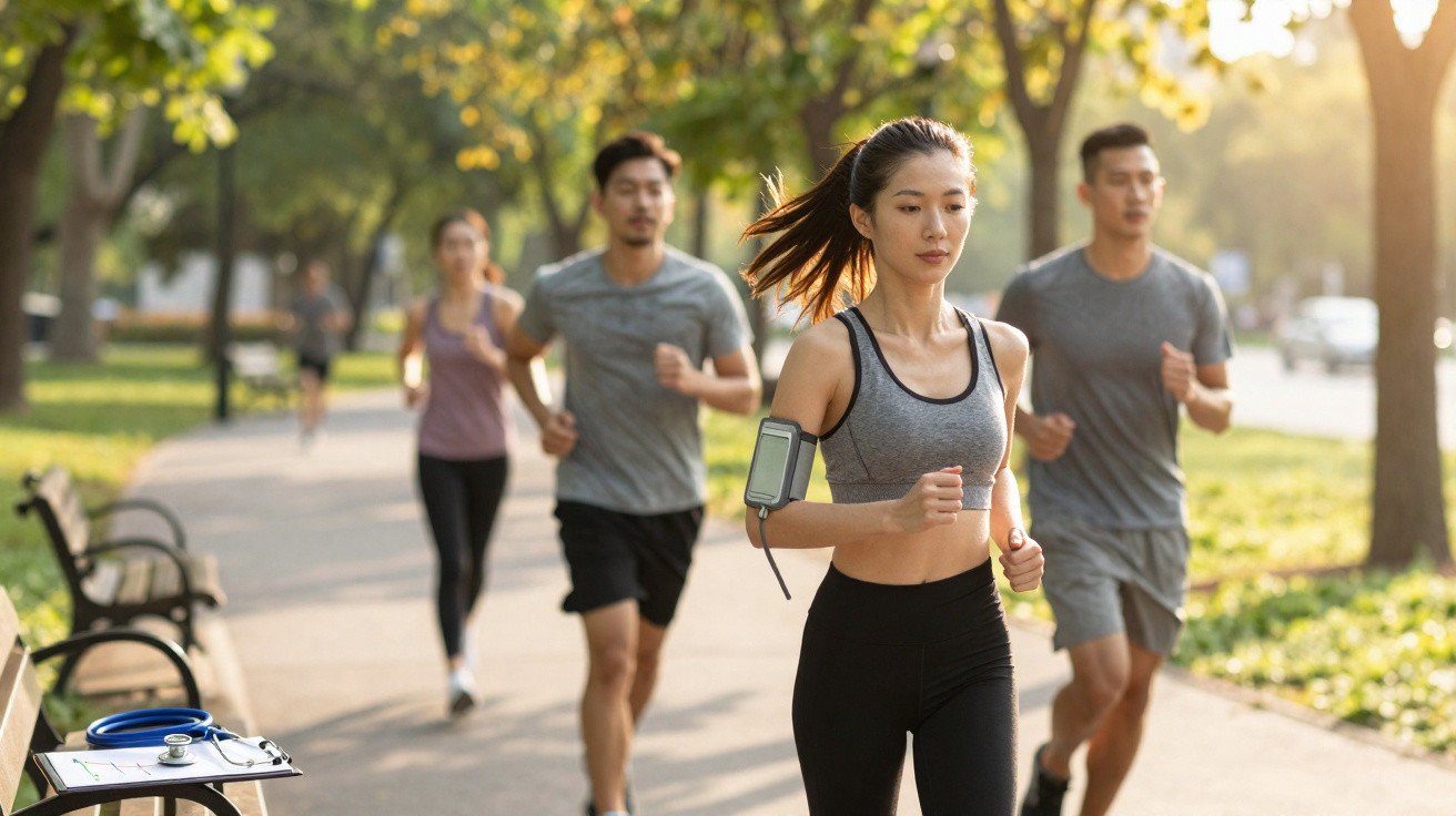 Group of young adults jogging on a tree-lined park path in sporty clothing during daytime.