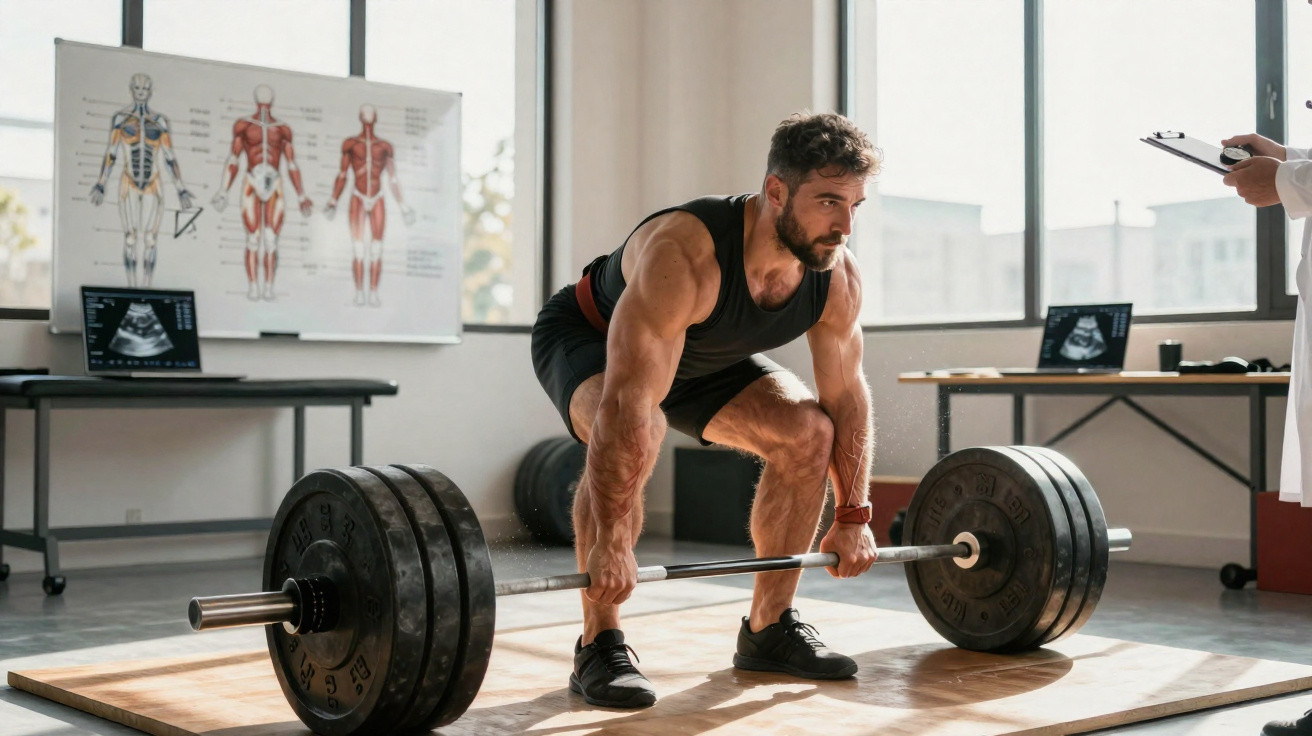 Man with muscular build preparing to lift a heavy barbell in a gym with anatomy charts in the background.