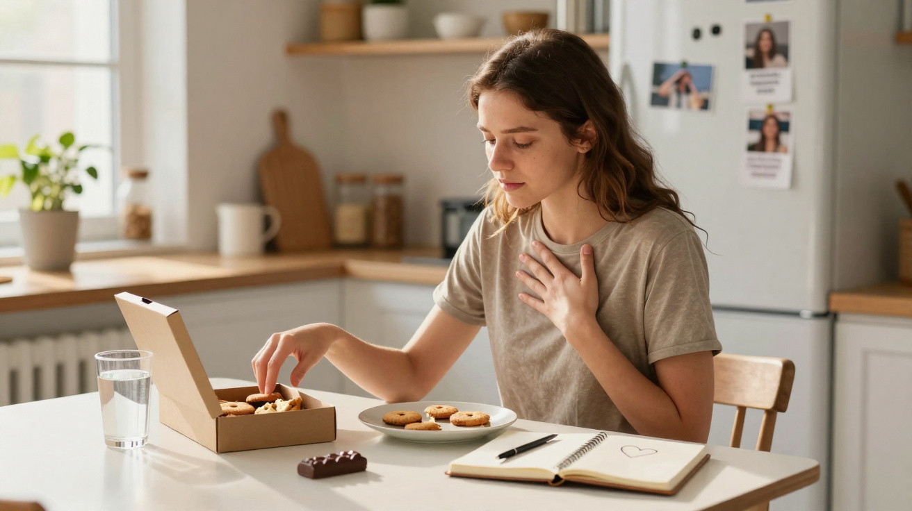 Young woman sitting at kitchen table, holding chest and reaching for biscuit from open box with water and notebook nearby.