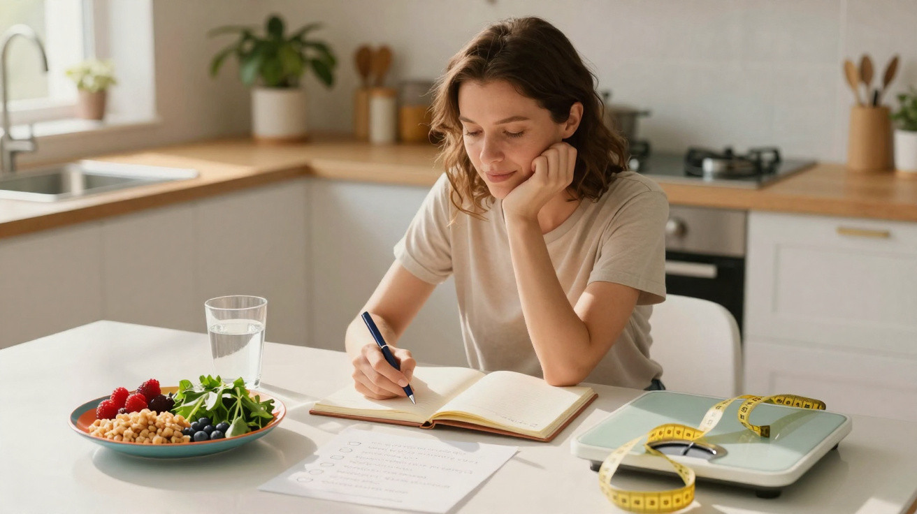 Woman writing in a notebook at a kitchen table with a healthy meal, scale, measuring tape, and glass of water.