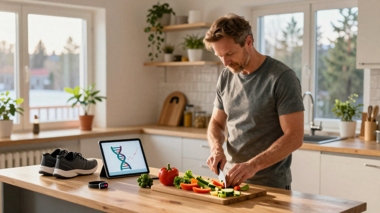 Man preparing fresh vegetables on a chopping board in a bright kitchen with fitness tracker and tablet nearby.